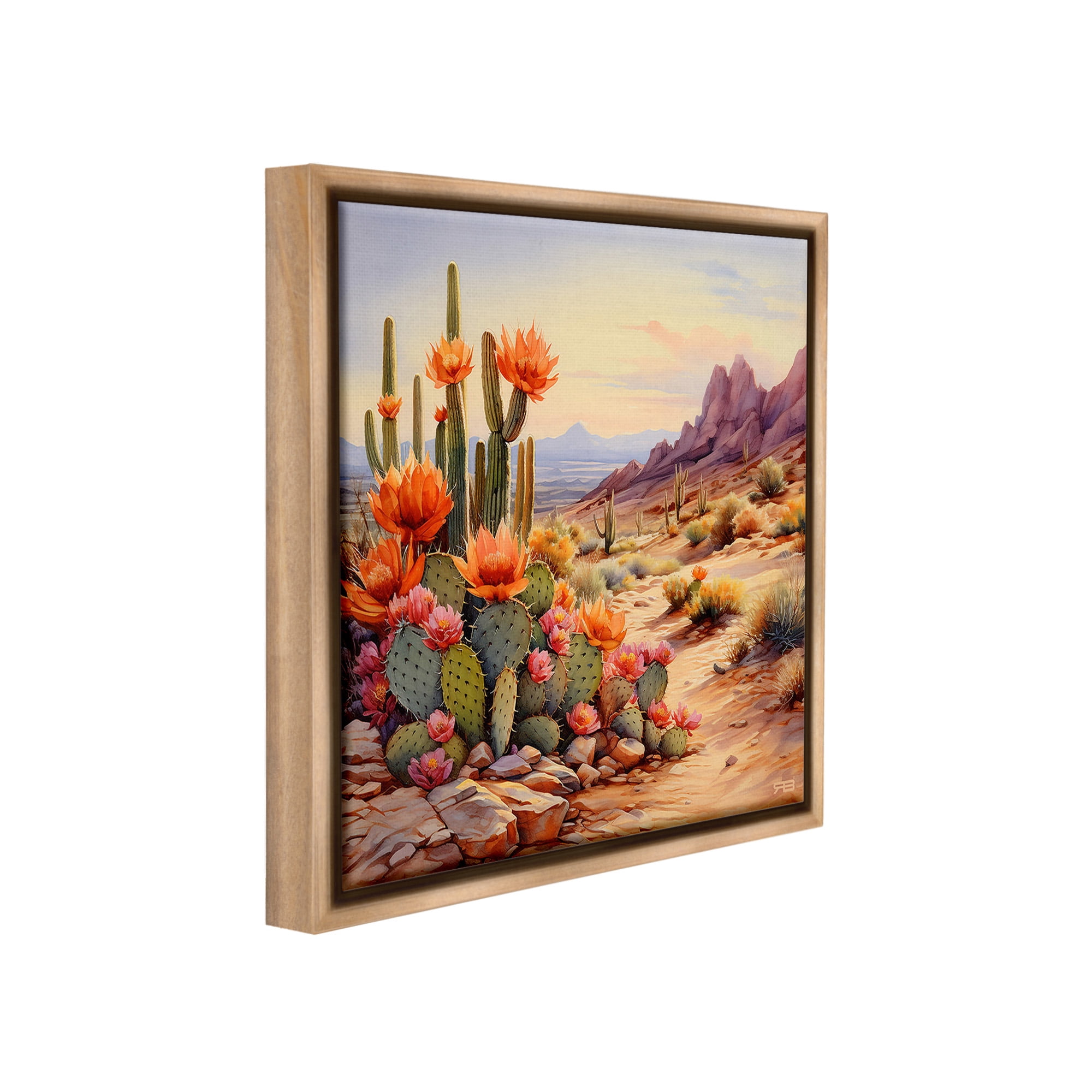 Stupell Industries Cactus Flower Landscape Landscape Painting Brown Floater Framed Canvas Art Print Wall Art, 18 x 18