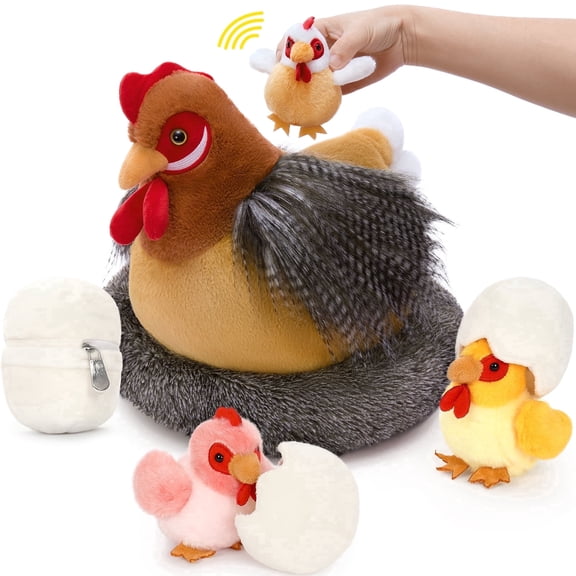 MaoGoLan 8Pcs Chicken Stuffed Animals with 3 Babies Chickens, 3 Eggs, 1 Nest House Stuffed Chick Plush Set Toys with Movement can Make Sounds