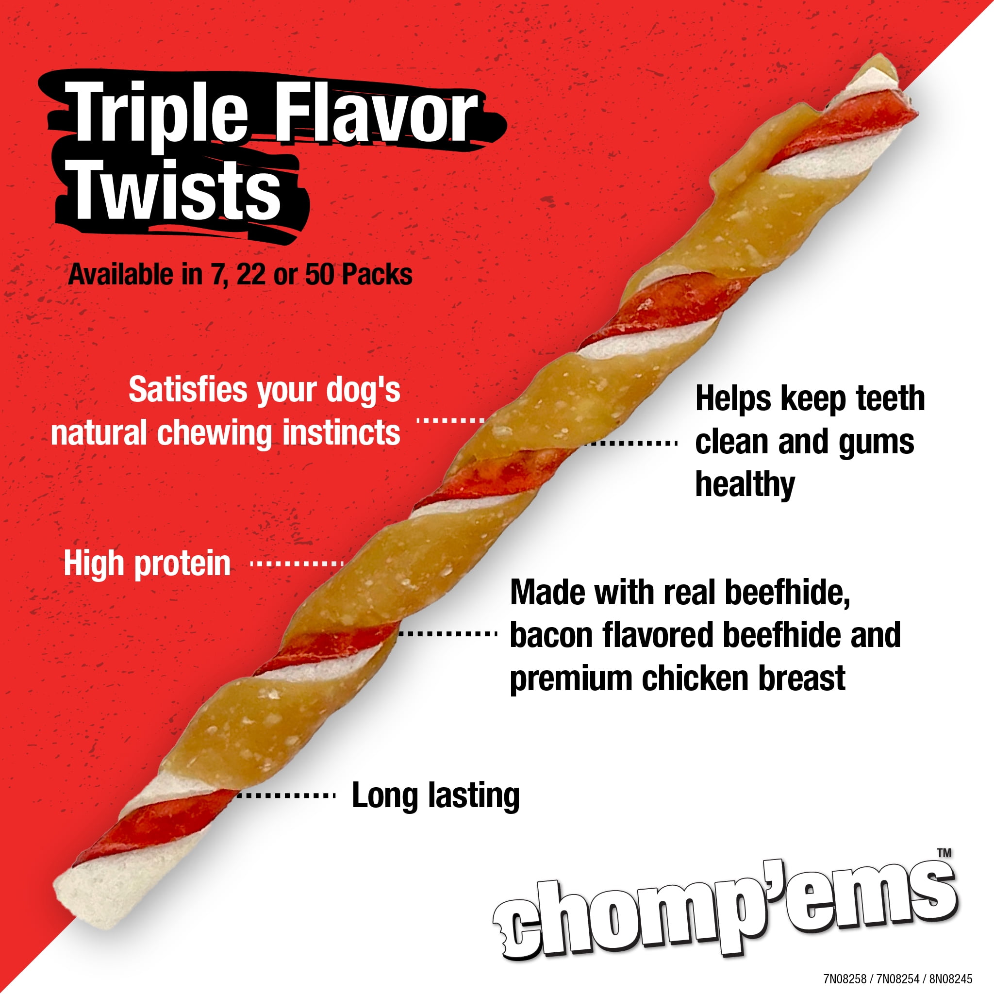 Chomp 'ems Triple Flavor Rawhide Twist Sticks - Beefhide Dog Chew - Treat for Dogs, 50 Count