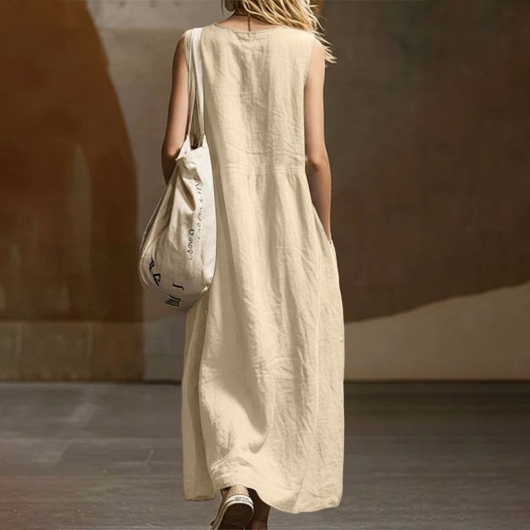beige cargo dress ZQUUVOU Sleeveless Maxi for Women Crew Neck Large Pockets Dress Cotton Casual Loose Fit Summer Streetwear BTS 1/24/26