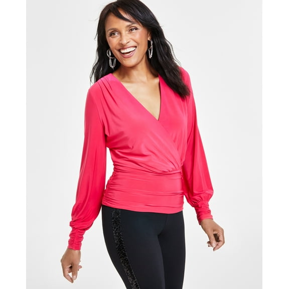 Women's Ruched-Waist Surplice Top Virtual Pink M