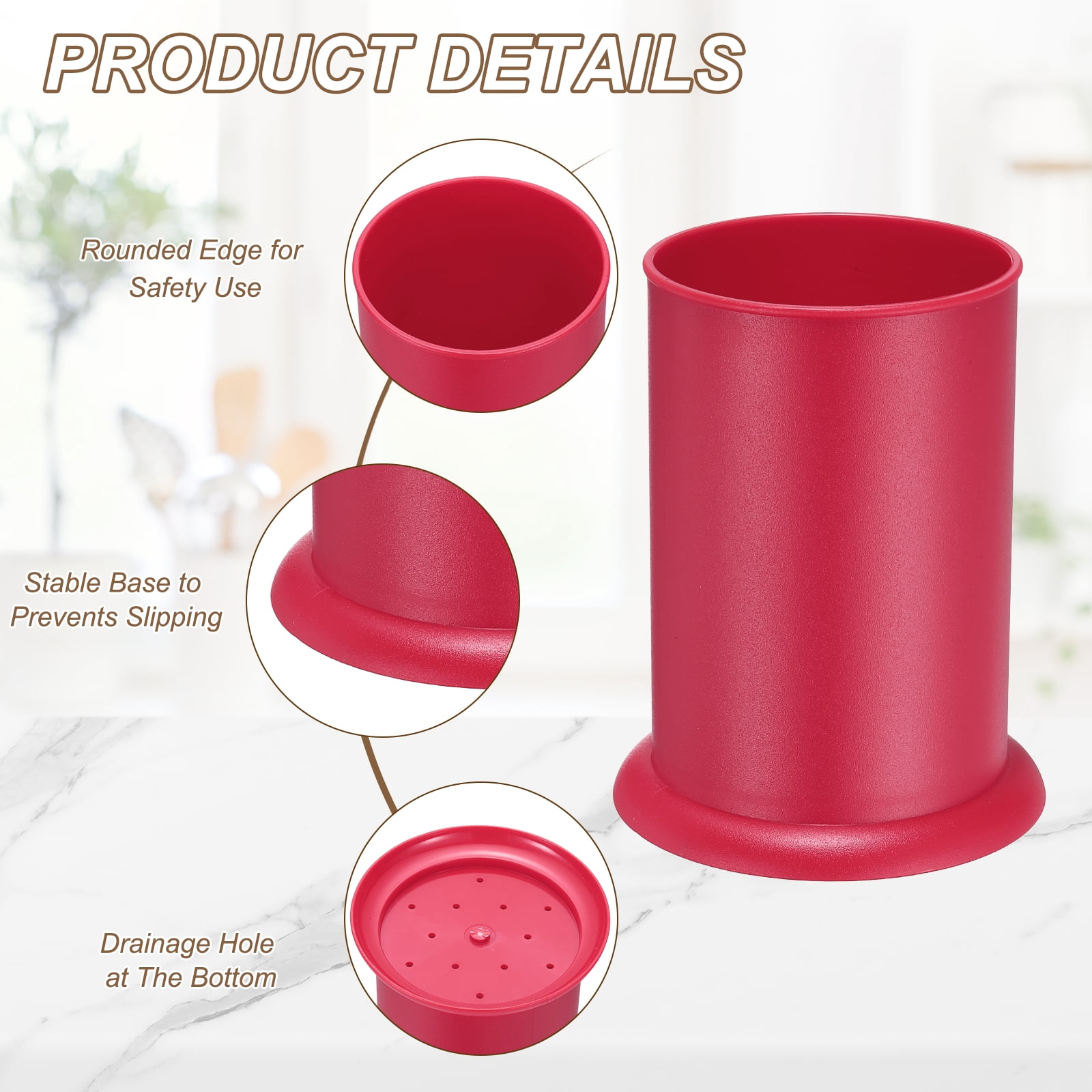 Uxcell Kitchen Utensil Holder, 5x6.5" Plastic Utensil Cutlery Holder Round Flatware Organizer with Drain Hole for Kitchen Restaurant Countertop Straw, Spoon, Chopstick, Pink