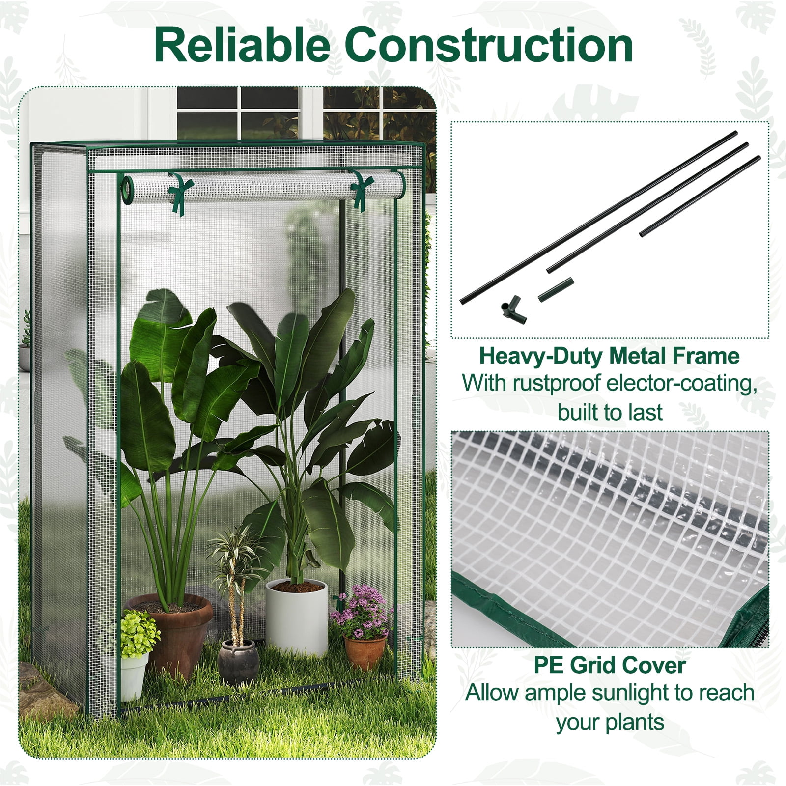 Costway 39” x 20” x 59” Portable Mini Greenhouse with Roll-Up Zippered Door, Indoor Outdoor White