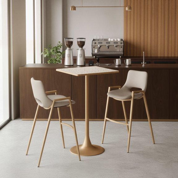 Spot Bar Table Beige & Gold Bar Table, Modern Style, Faux Terrazzo MDF square shape tabletop, Steel, Indoor Bar
