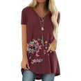 thumbnail image 3 of T-Shirt Col en V Manches Courtes Blouse Femme Imprimé Femme Haut d'Été Ample, Rouge, TG, 3 of 4