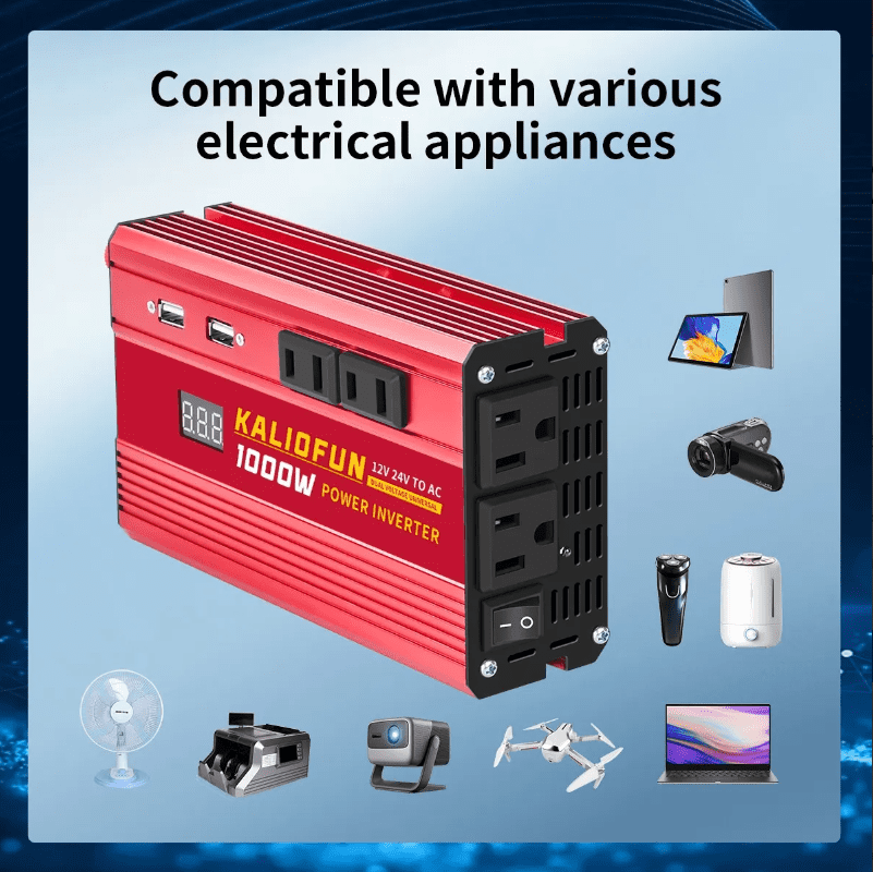 Power Inverter 1000W - 12V/24V Universal Voltage, 110V Output , with LED Display, Red Aluminum Alloy Case