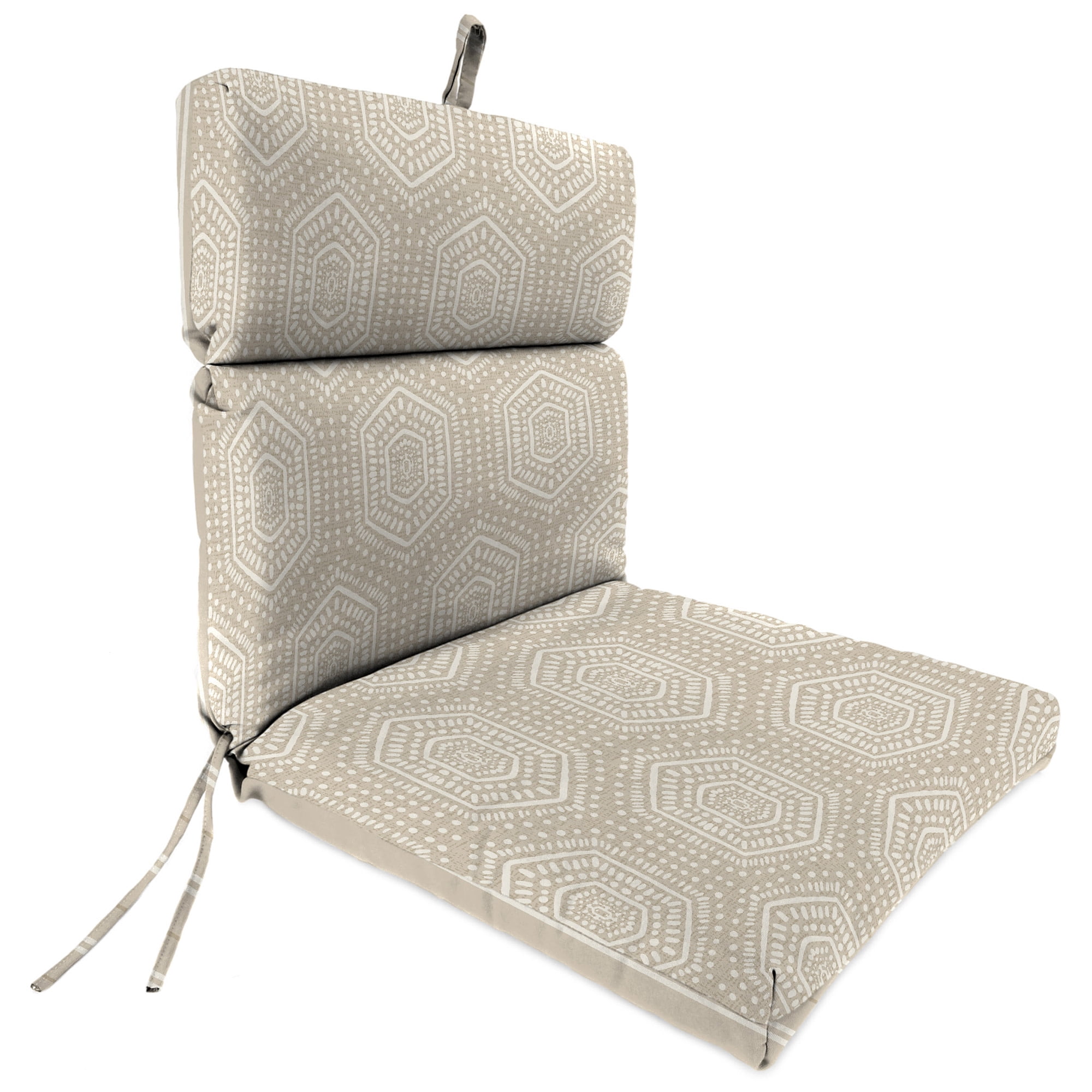 Jordan Manufacturing 44" x 22" Chet Taupe Geometric and Gallan Taupe Stripe Reversible Rectangular Outdoor Chair Cushion with Ties and Hanger Loop