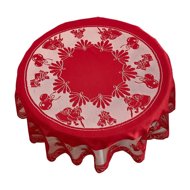 Christmas Round Tablecloth, Red Lace Table Cover with Exquisite Cutout Detail, Holiday Table Decoration for Dining Room, Kitchen, and Patio Tabletop^