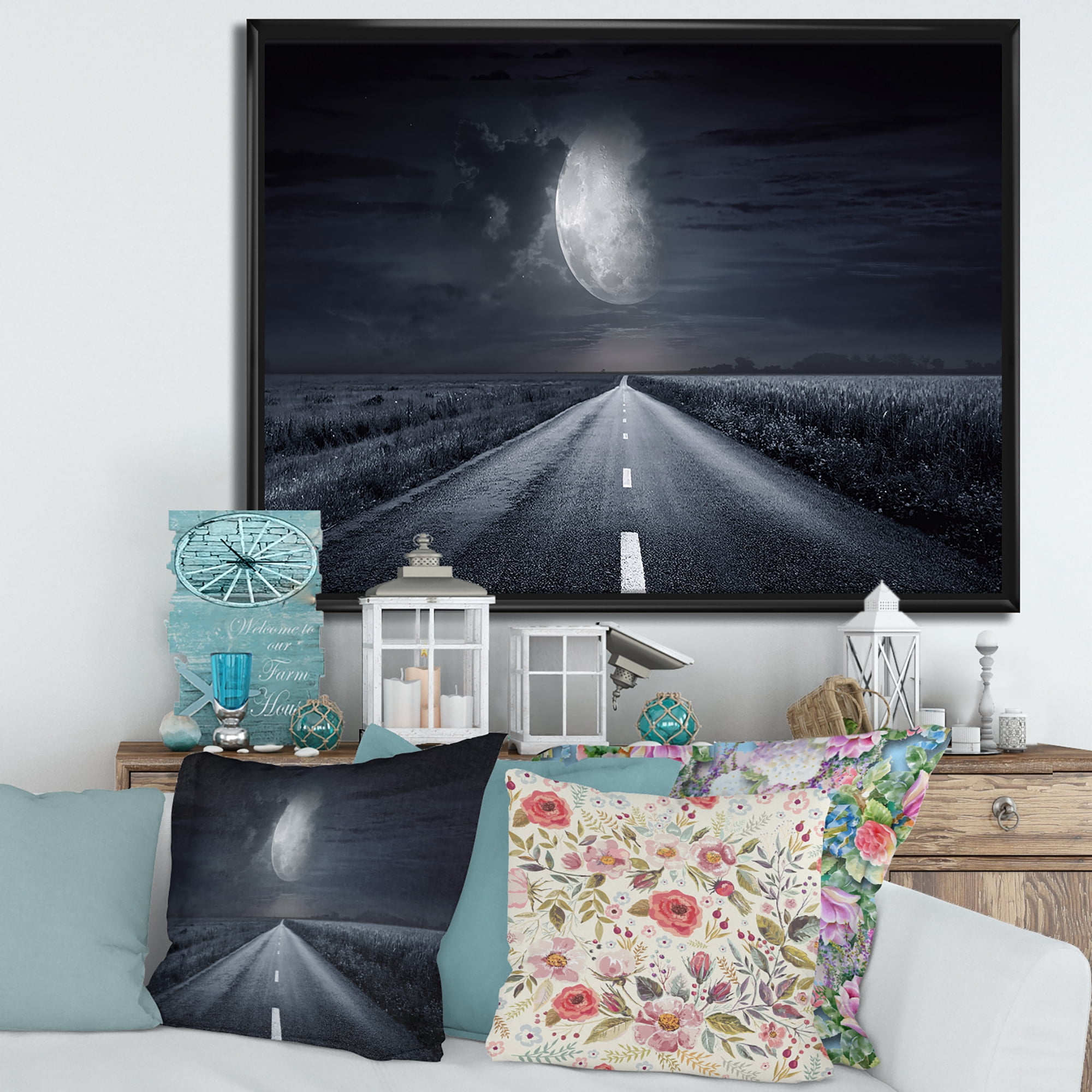 Designart 'Cloudy Full Moon Over Asphalt Road III' Nautical & Coastal Framed Canvas Wall Art Print