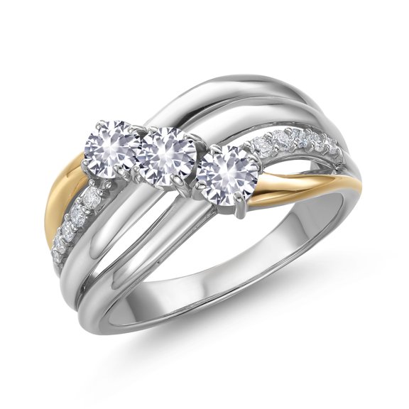 Gem Stone King 925 Silver and 10K Yellow Gold White Created Sapphire and Lab Grown Diamond Engagement Ring for Women | 0.90 Cttw | Round 4MM | September Birthstone | Size 7
