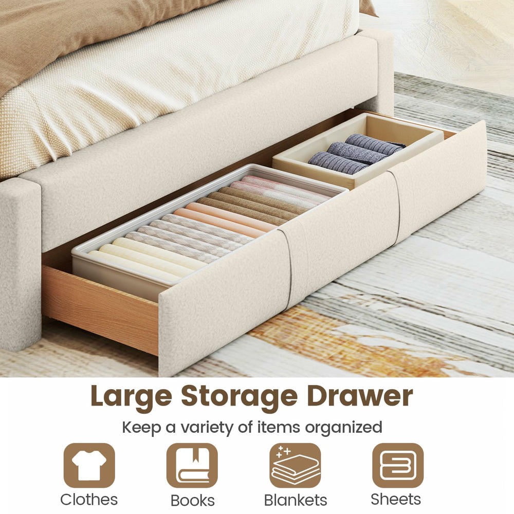 Barara King Queen Size Bedroom Bed Frame with Storage Drawer and Vertical Channel Headboard, Bed Platform Frame for Bedroom, Apartment, Beige