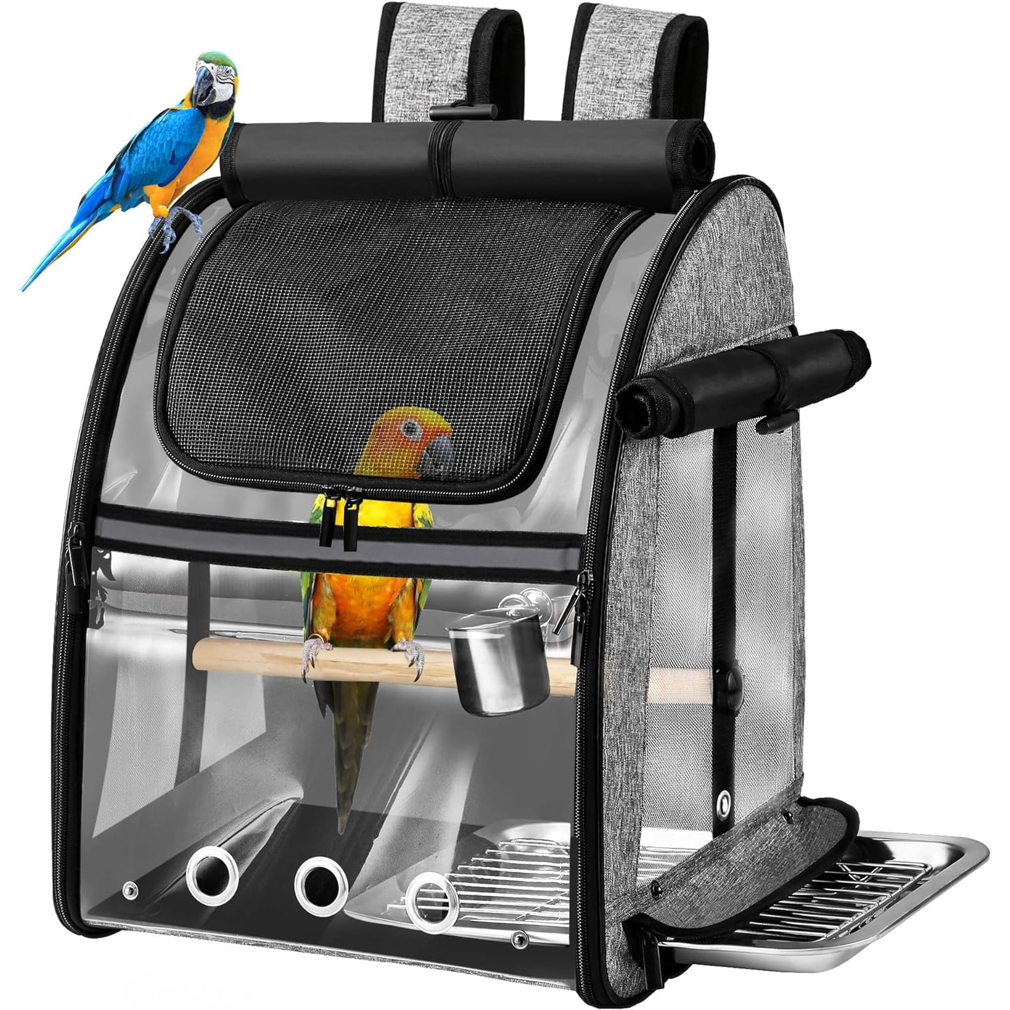 Bird Carrier Bag with Indestructible Stainless Steel Mesh, Bird Travel Cage with Stand, Easy to Clean Backpack for Parrot, Portable Bird Travel Bag, Grey