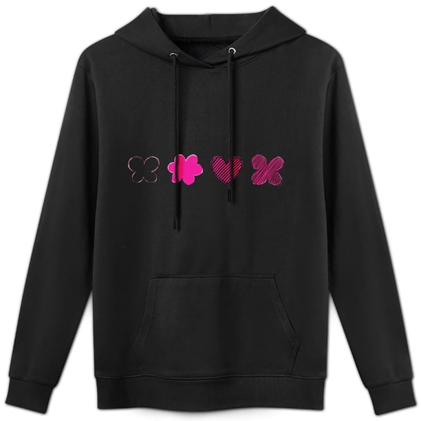 Bonita sudadera con capucha con estampado floral y de corazones en color rosa y diseño de bolsillo tipo canguro; perfecta para usar todos los días.(S)