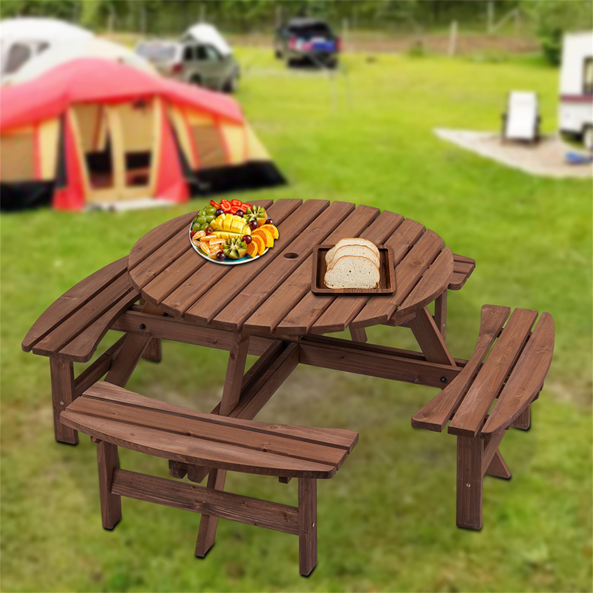 Aimee Lii 8-Person Outdoor Circular Wooden Picnic Table with 4 Built-in Benches for Patio Backyard Garden, Brown Aimee Lii 8-Person Outdoor Circular Wooden Picnic Table with 4 Built-in Benches for Patio Backyard Garden, Brown