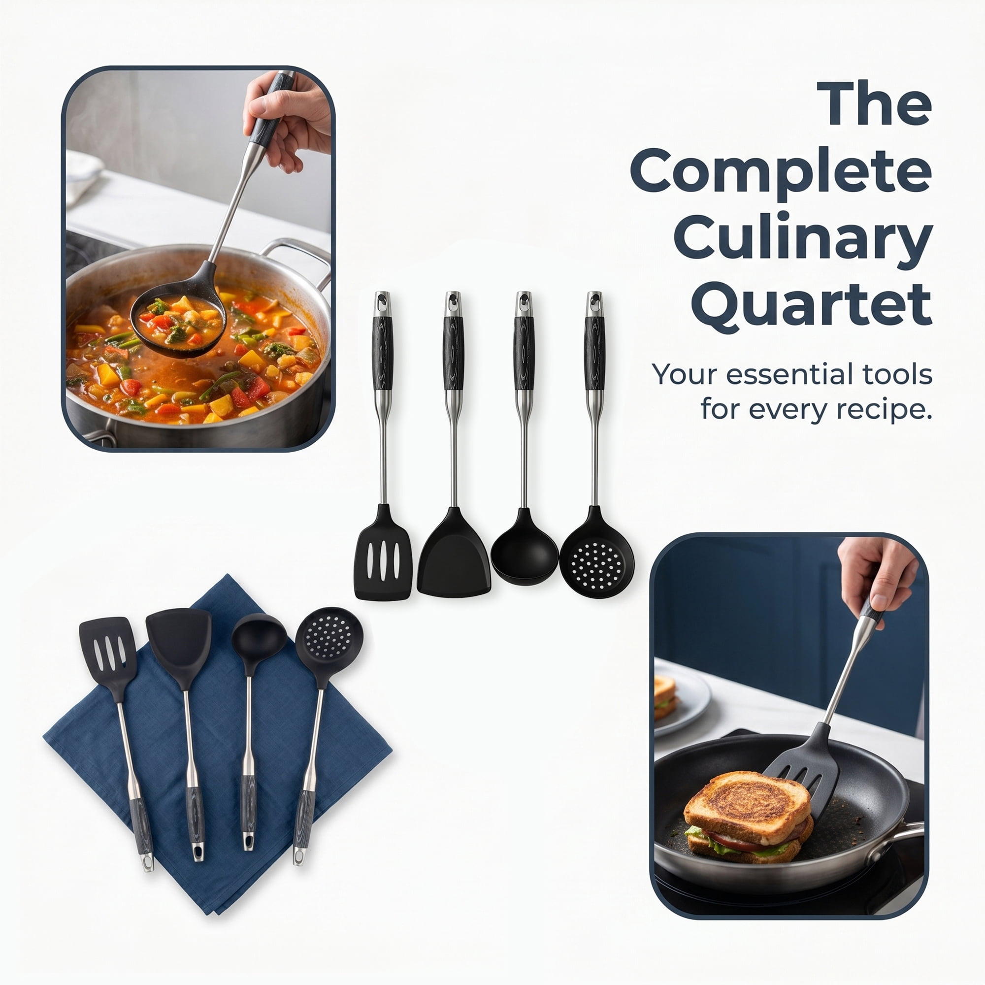 Unique Bargains Stainless Steel Two-tone Square Hole Kitchen Cooking Utensil Set Black-Silver C 4