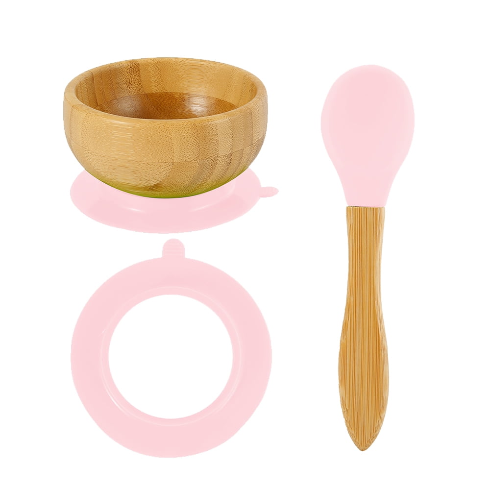 Bamboo Bowl with Suction & Spoon Set Baby Toddler Weaning Bowl Pink Stay Put Plate Baby Plate Bamboo