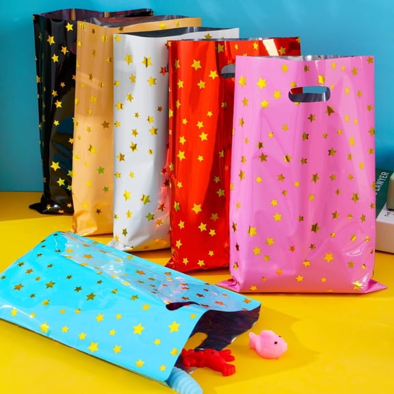 Happy Birthday Party Favor Bags 36 PCS Plastic Gift Bags with Glitter Stars for Children, Babies, Girls and Boys Birthdays