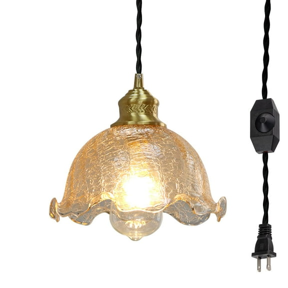 Kiven Plug in Pendant Light Equipped with Dimmable Lighting Cord（15ft）,Vintage Pendant Light Fixture Glass Shade Hanging Mounted Pendant Light for Bedside,Bulb Not Included-1 Pack