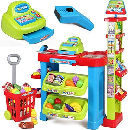 Supermarket Grocery Store Playset w/ Working Scanner , Cash Register & Shopping Cart , Kids Pretend Play