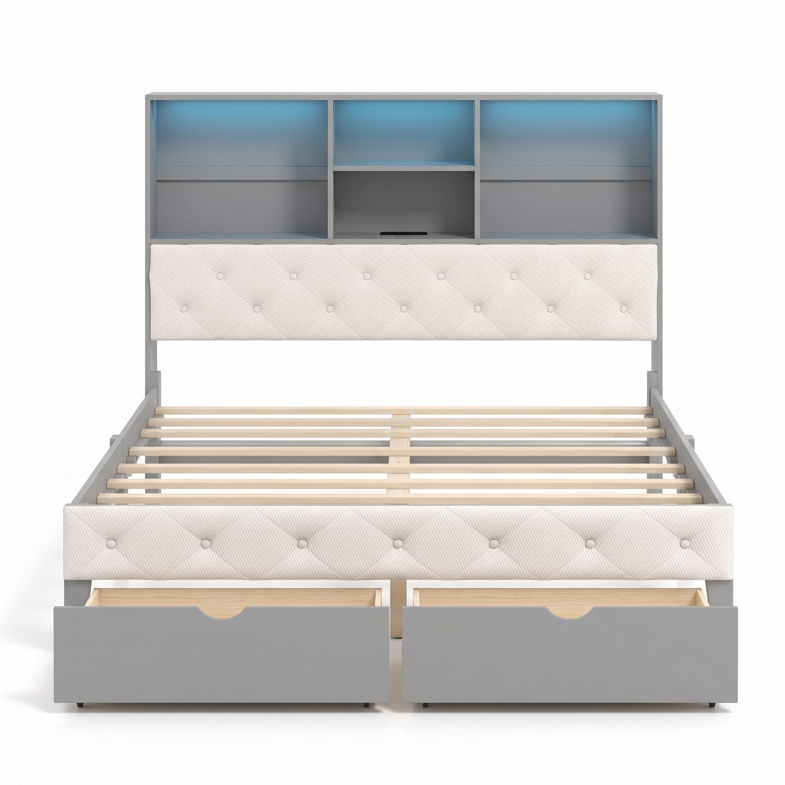 Furnibear Full Size Bed Frame with Bookcase Storage Headboard, LED Lights, Upholstered Platform Bed with 2 Drawers, Gray