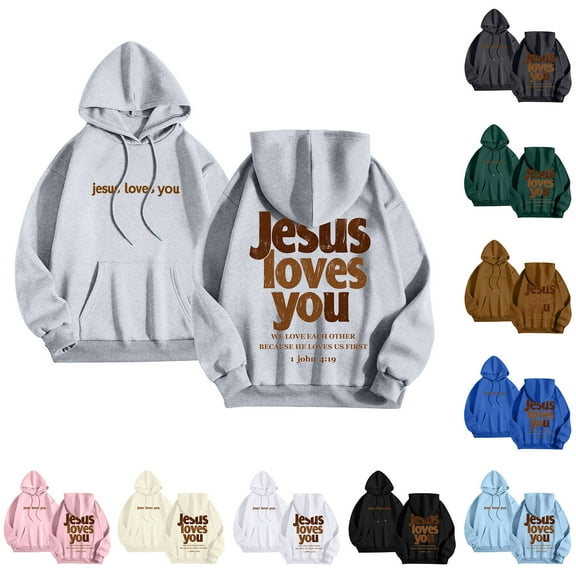 idosla Hoodies for Women Trendy Jesus Loves You Hoodie Oversized Long Sleeve Christian Sweatshirts Outfit (Black, L)