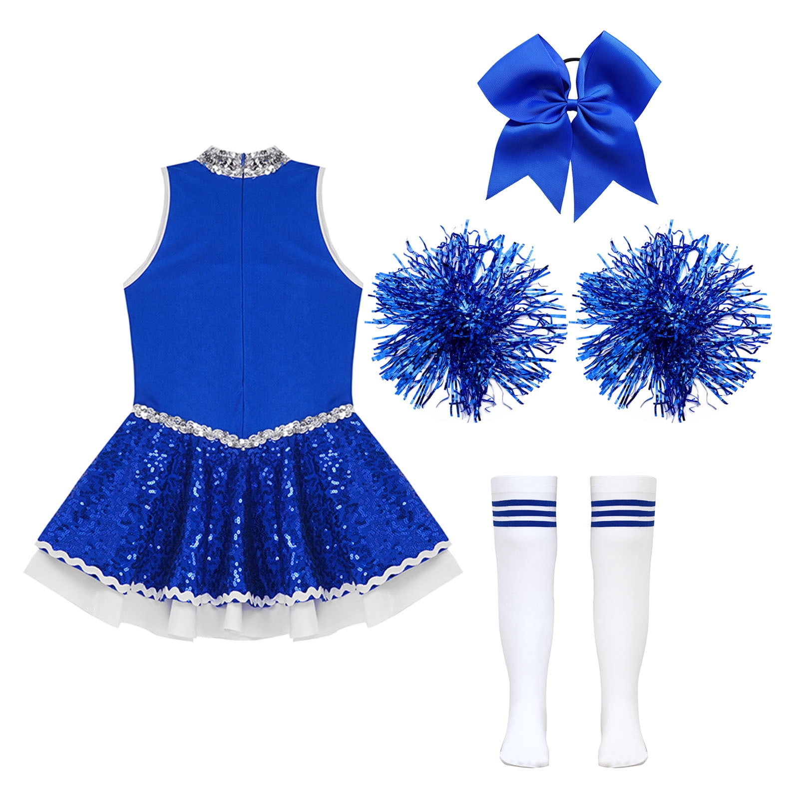 iiniim Girls Cheer Leader Sequins Cheerleading Dress with Pom Poms Headwear Socks for Halloween B Blue 10
