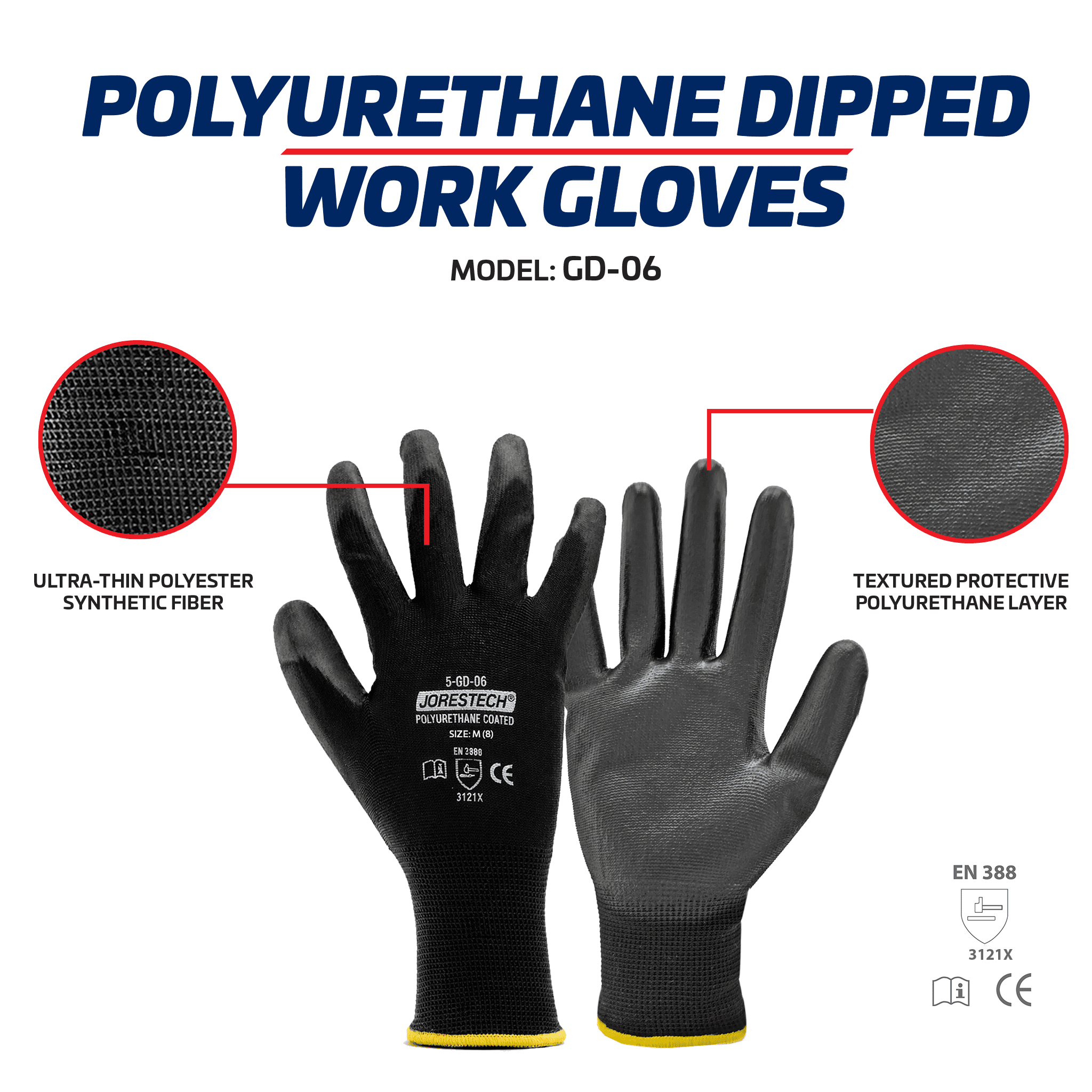 Jorestech PU Coated Work Gloves with Lightweight Polyester Liner, EN 388 3121X, 12-Pair Pack