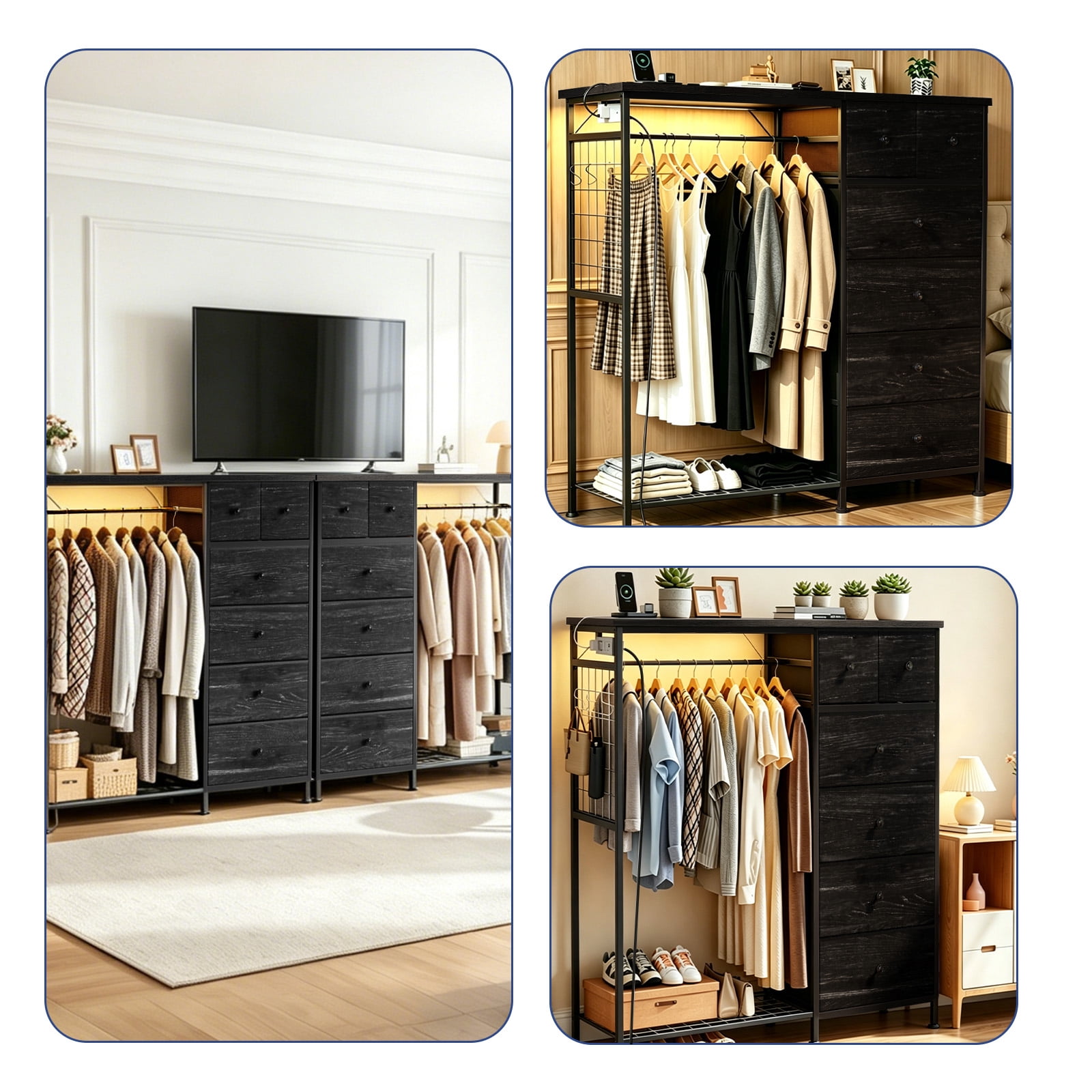 CONCETTA Dresser for Bedroom with Hanging Rack 6 Drawers Dresser, LED Lights & Charging Station, Wooden Top, Grid Panel, Black Wood