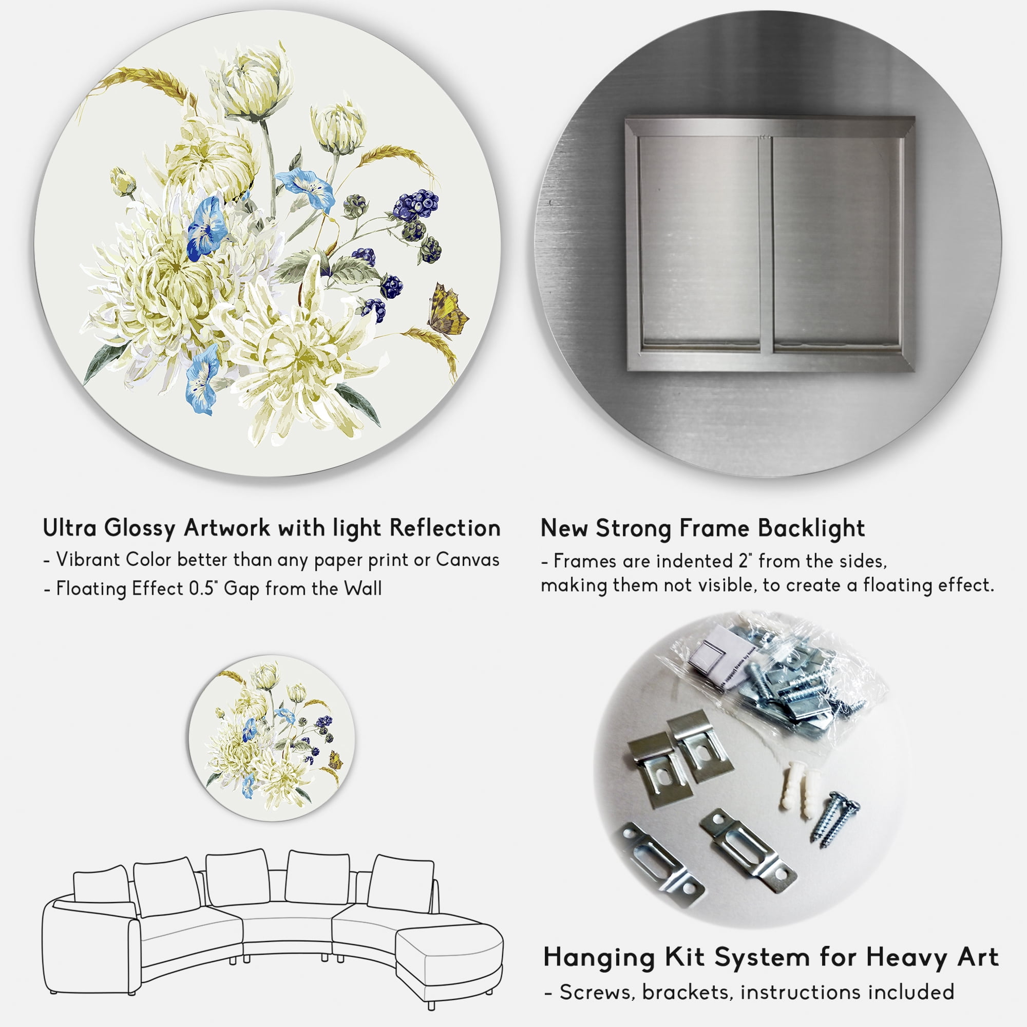 Designart 'Ancient Chrysanthemums With Bouquet II' Traditional Circle Metal Wall Art 36x36 - Disc of 36