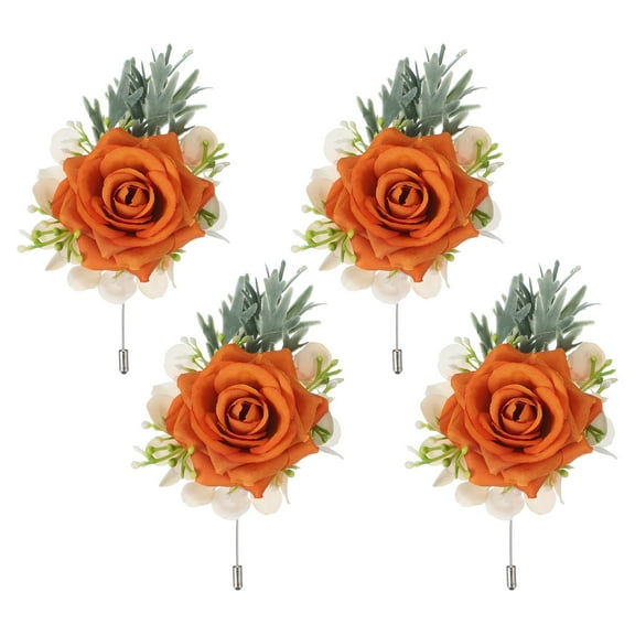 Uxcell 4 Pcs Orange Boutonnieres for Men, Artificial Flower Buttonholes Pocket for Wedding Bride Groom Ceremony Anniversary Prom Party