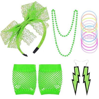 AkoaDa 80s Lace Headband Earrings Fishnet Gloves Neon Necklace Bracelet for 80s Party