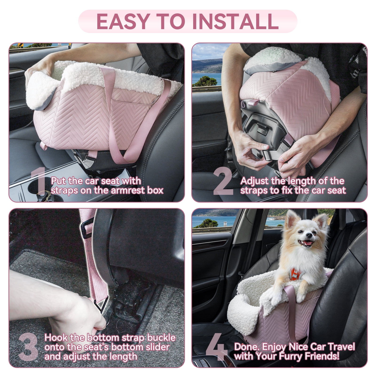 PETSFIT Cat Car Seat, Portable Console Dog Car Seat with Safe Protective Hooks, Luxury Pet Car Seat, Dog Car Carrier Includes Safety Tether for Pets Up to 12 lbs (Pink)