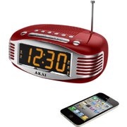 AKAI Retro AM/FM PLL Alarm Clock Radio, Red