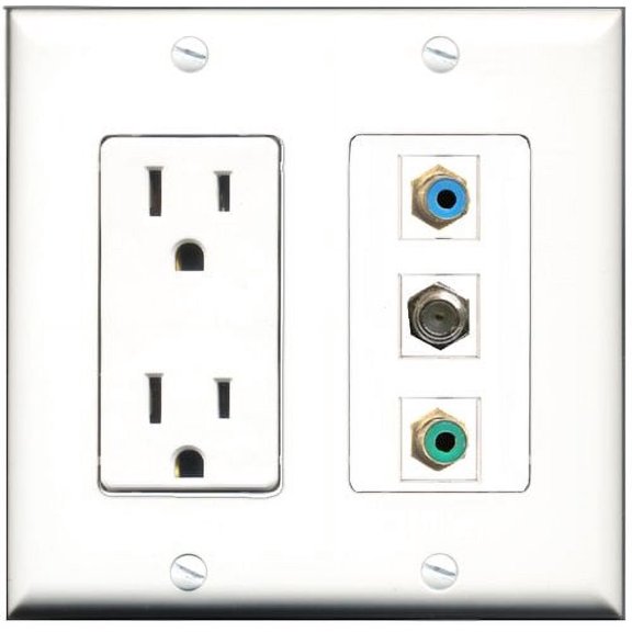RiteAV - 15 Amp Power Outlet 1 Port RCA Green 1 Port RCA Blue 1 Port Coax Decorative Wall Plate