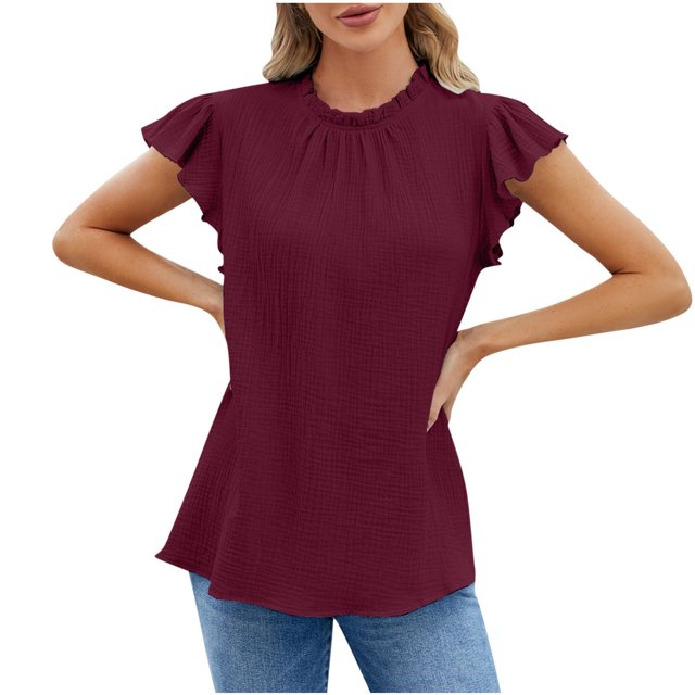 Timegard Womens Summer Tops Ruffle Cap Sleeve Crewneck Ruched Solid Color Beach Wear Casual Loose Tops