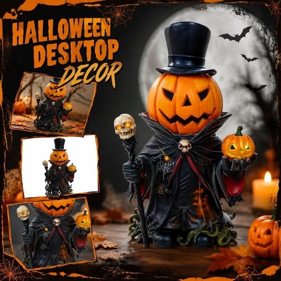 Resin Holiday Collectible Statue, Gothic Halloween Decor, Outdoor Halloween Decorations Yard, Pumpkin Jack Lantern Decor, Scary Halloween Tabletop Art Decoration