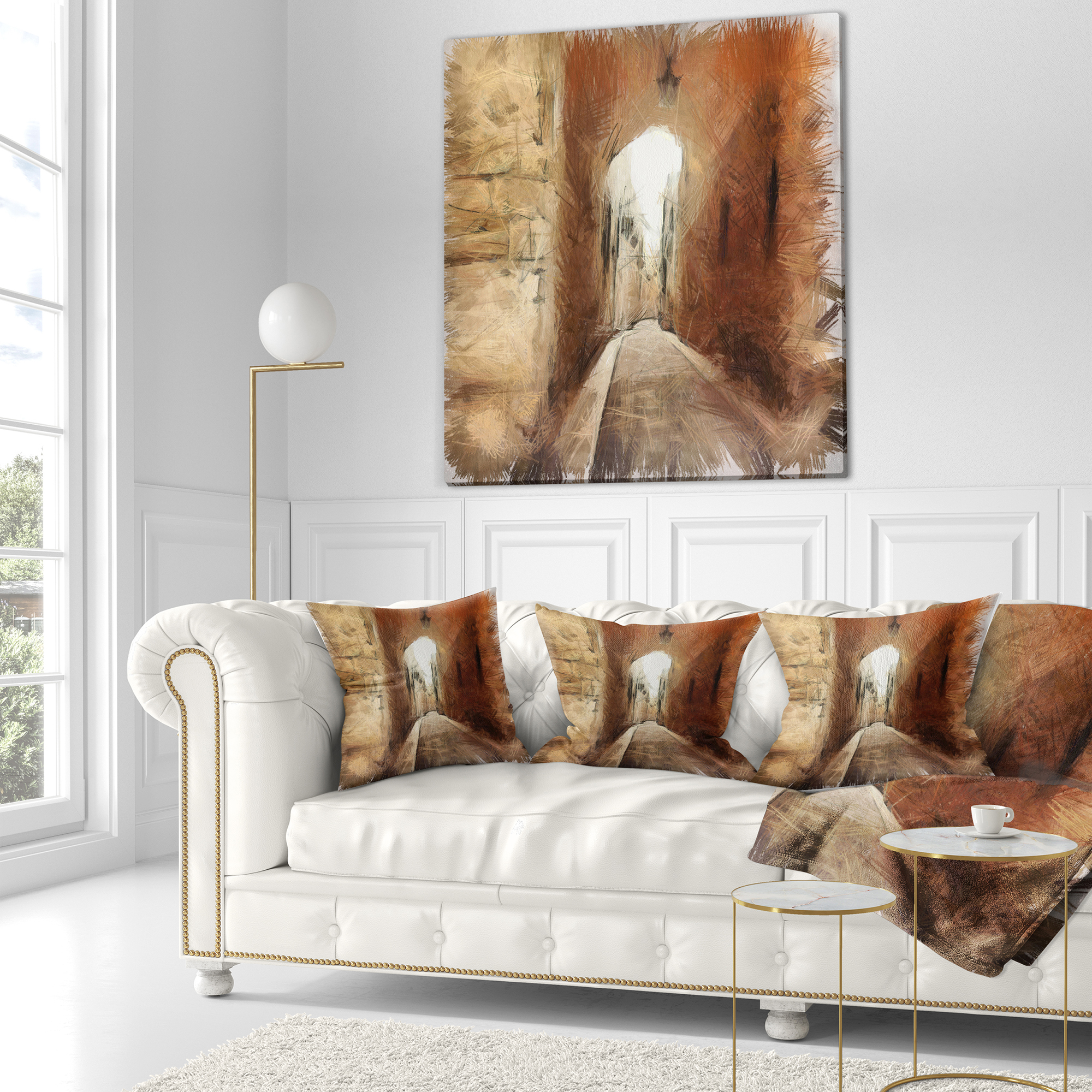 Designart Brown Old City Street Drawing - Landscape Printed Throw Pillow - 18x18