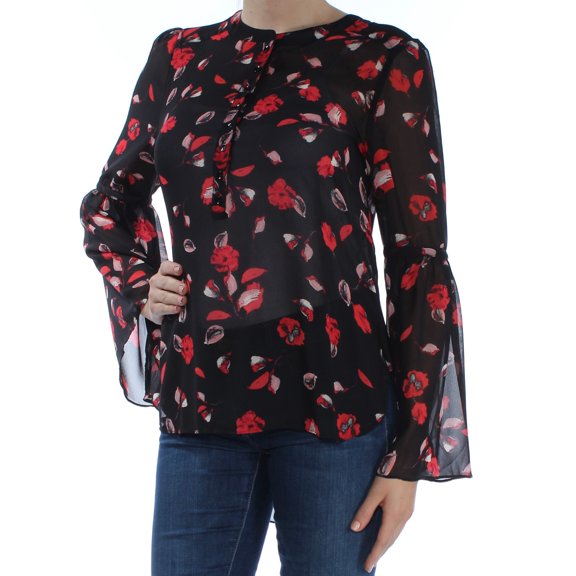 KENSIE Womens Black Sheer Printed Bell Sleeve V Neck Blouse Top Size: M