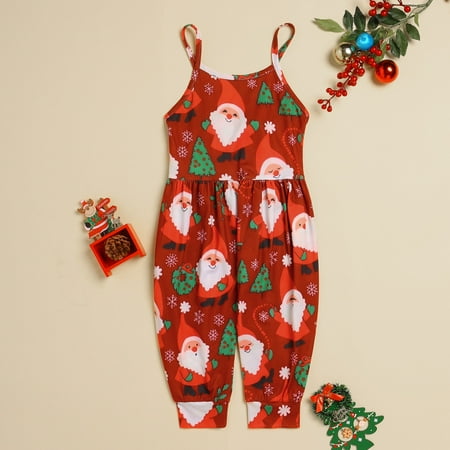 

Toddler Girls Christmas Sleeveless Cartoon Prints Romper Jumpsuit With Pocket Clothes Red 100