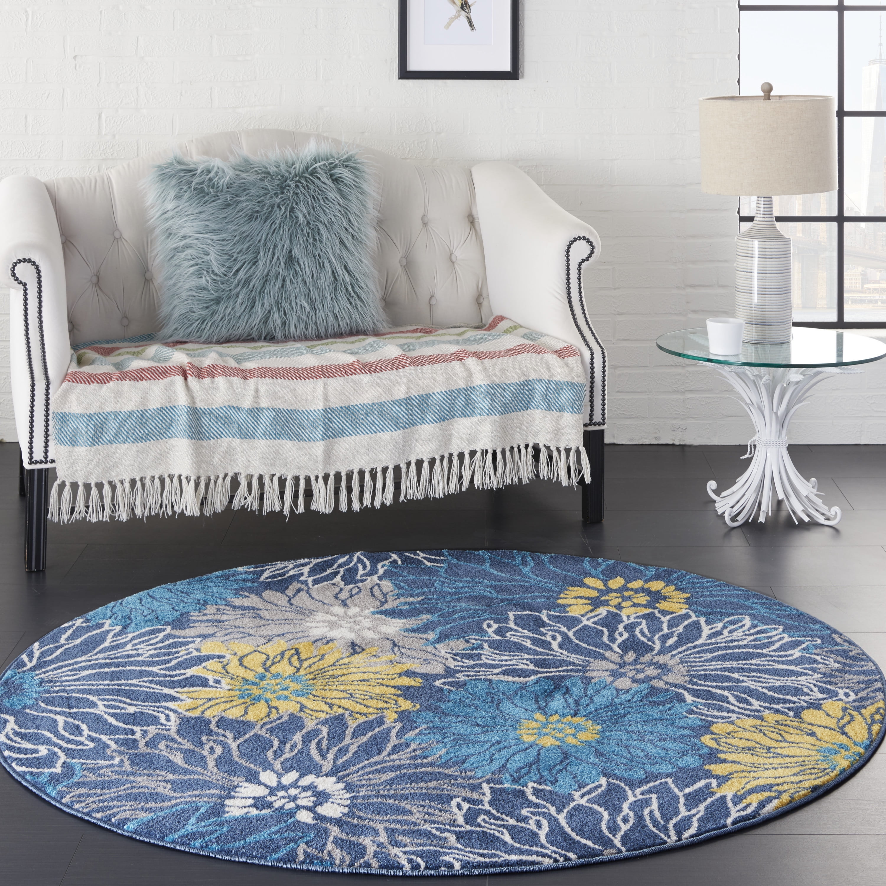 Nourison Passion Blue 5'3" x Round Area Rug, Boho, Floral, Bed Room