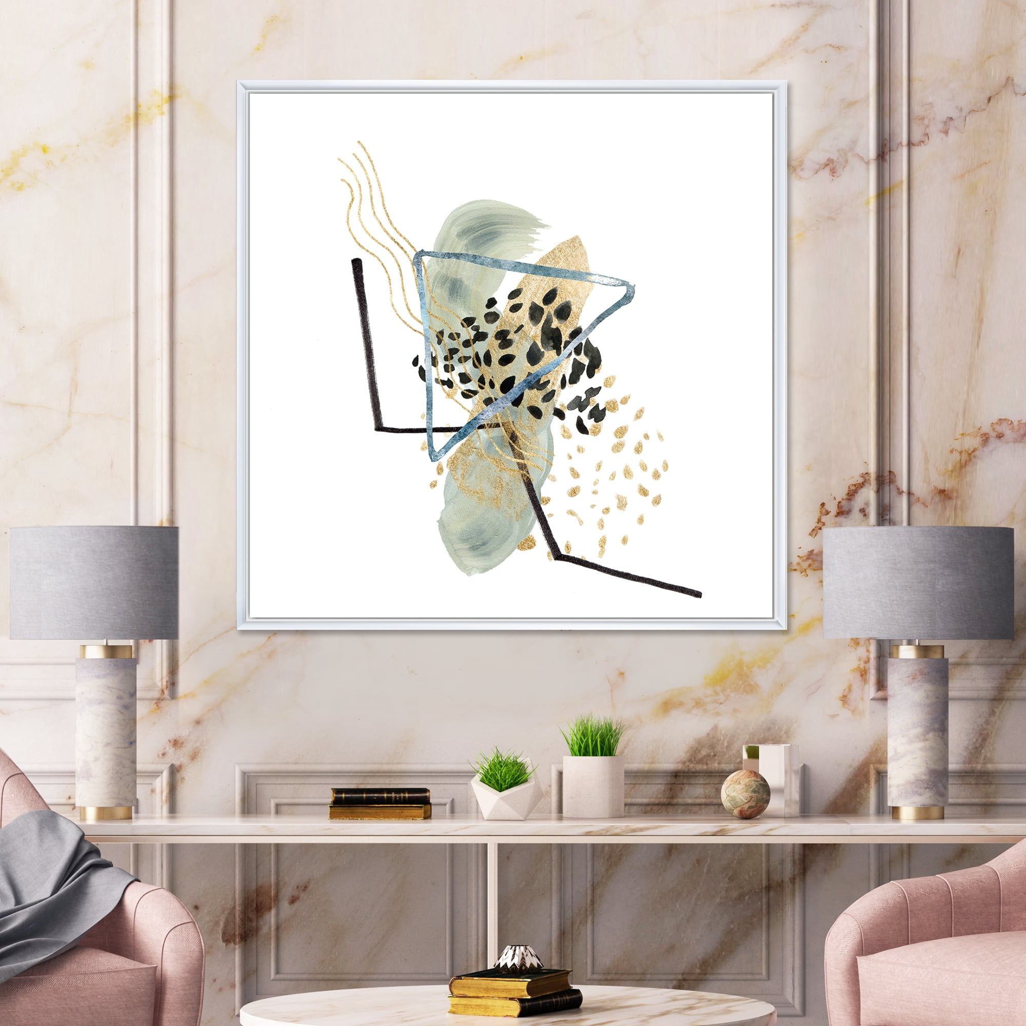 Designart 'Minimalistic Golden Polka Dots and Ink Mountains' Modern Framed Canvas Wall Art Print
