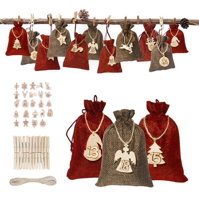 24Pcs Christmas Drawstring Gift Bags with Number Wooden Signs, Linen Present Bags for Christmas Birthday Party Countdown Favors
