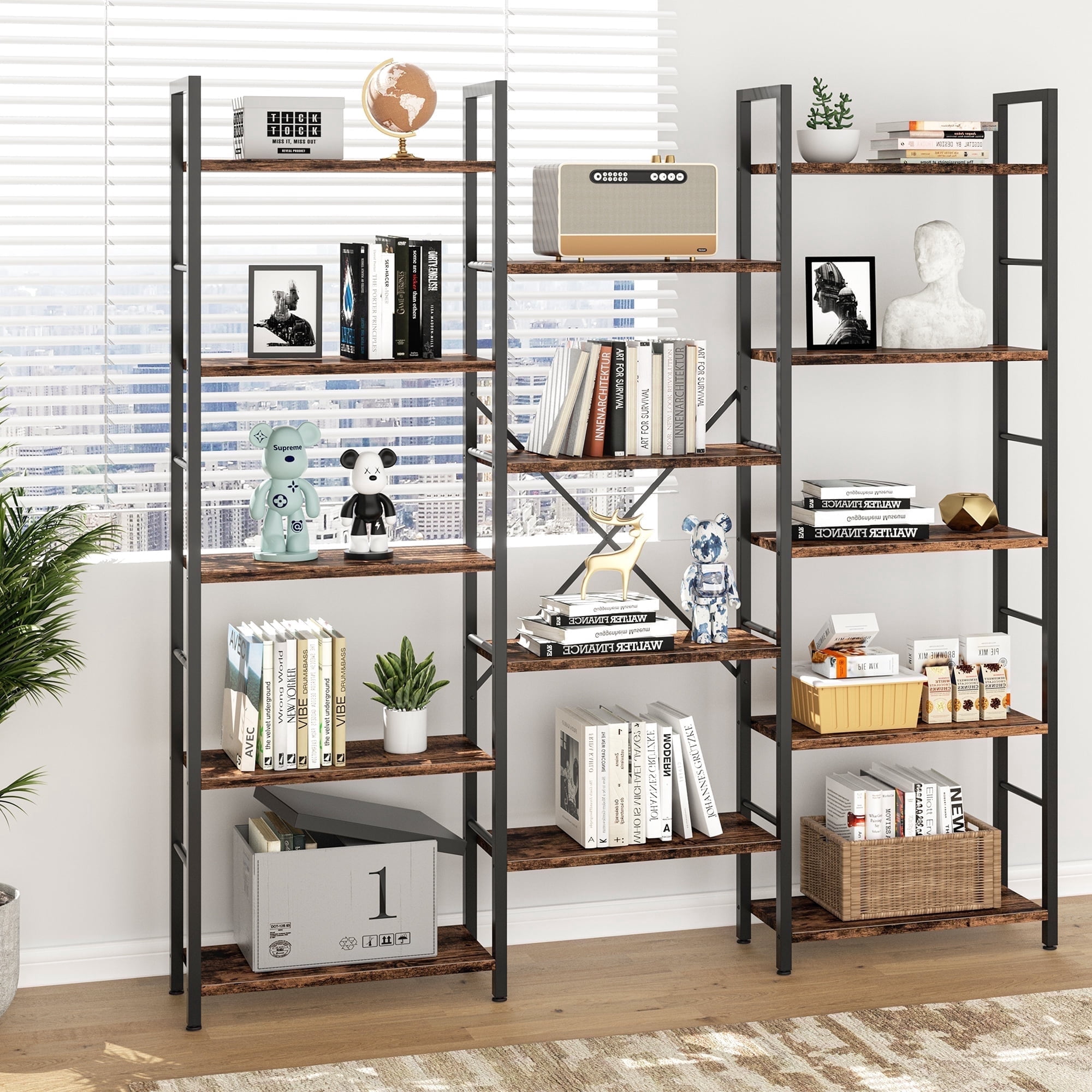 Walsunny Triple Wide 5 Tier Bookshelf Bookcase Wooden Bookshelves with 14 Open Display Shelves for Bedroom Living Room Home Office,Rustic Brown