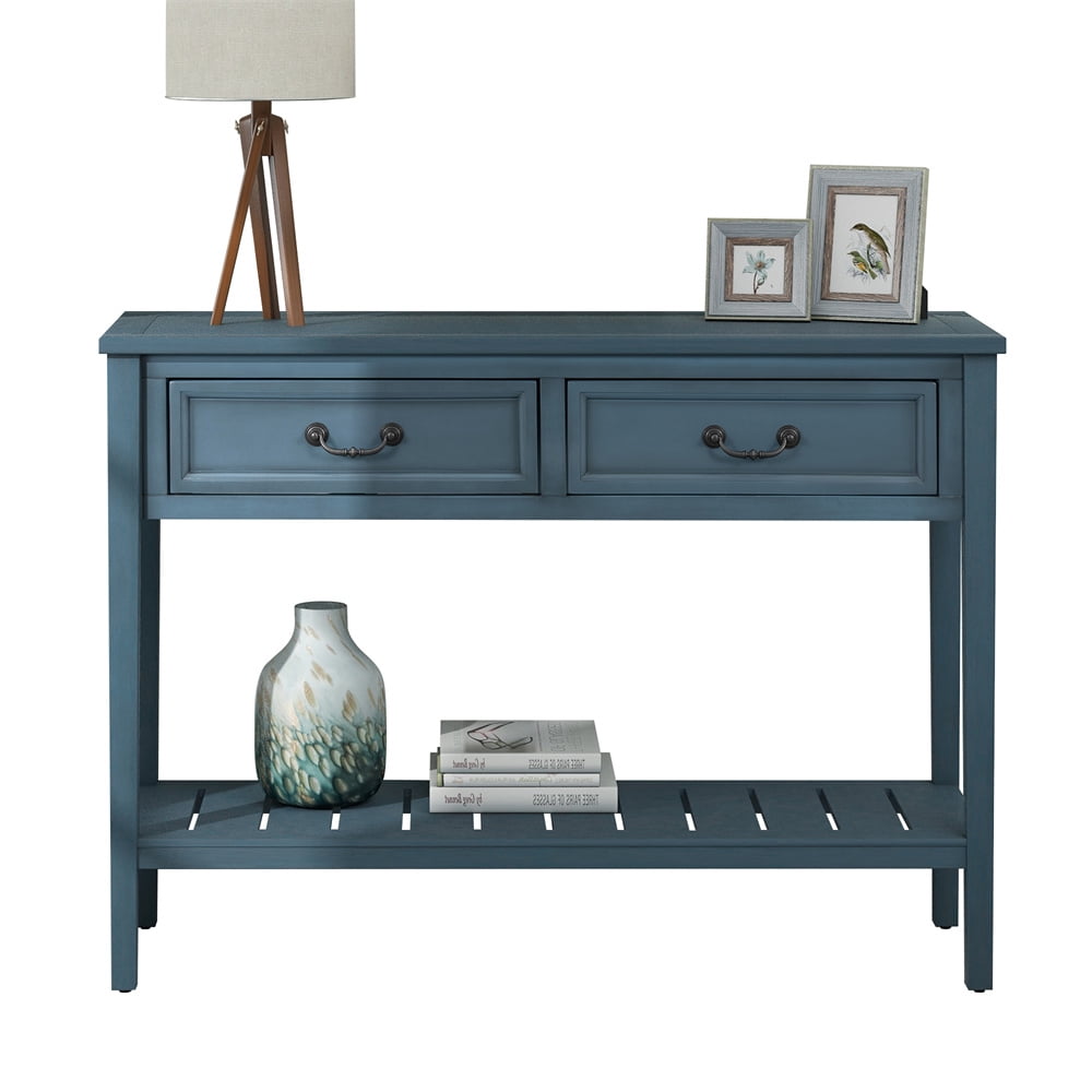 43” Console Table with Drawers and Shelf Wood Sofa Side Table Navy Blue
