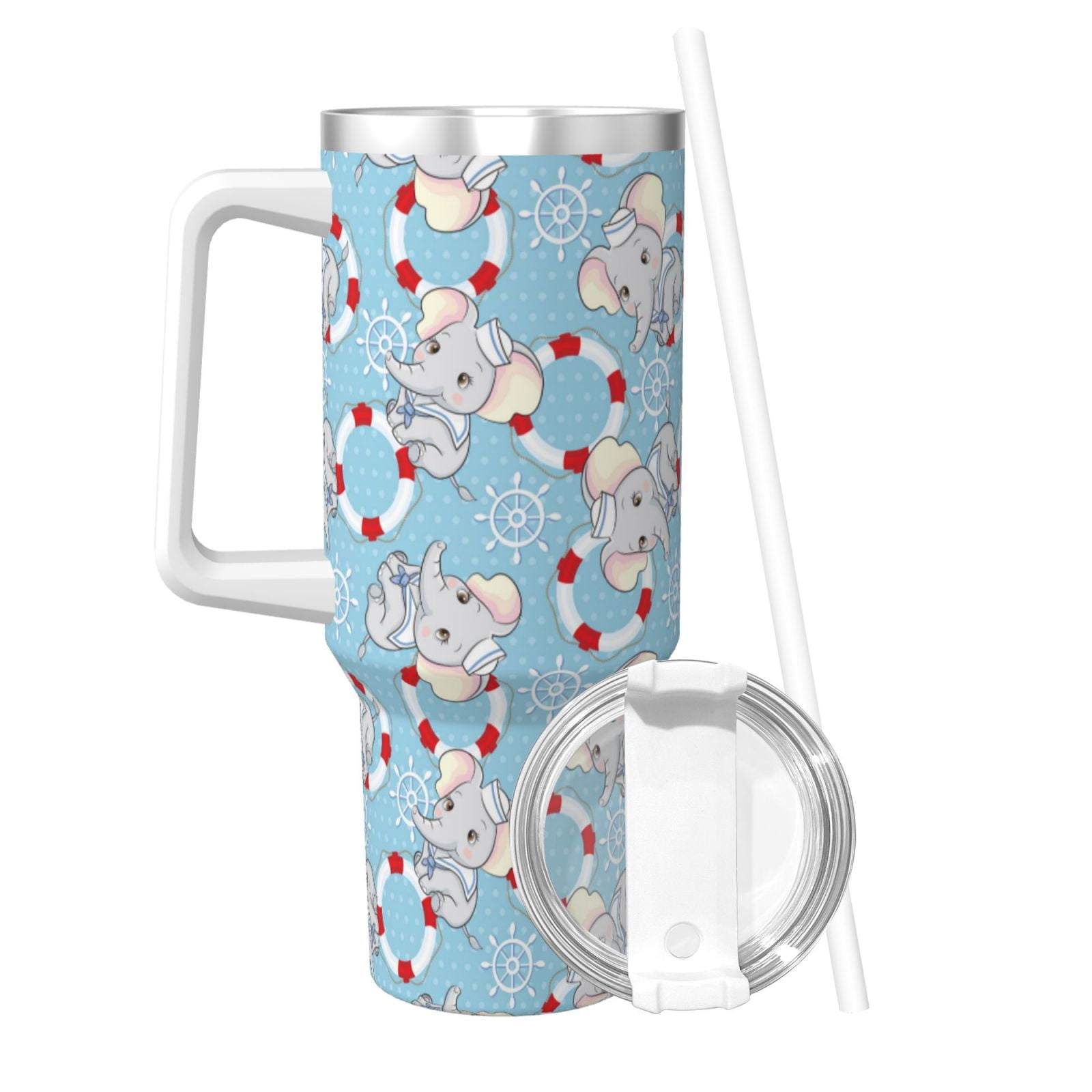 Gukieu Baby Elephant Print 40OZ Ice Cup, Stainless Steel Vacuum Kettle with Handle Suitable for Hot and Cold Drinks, Travel, Fitness