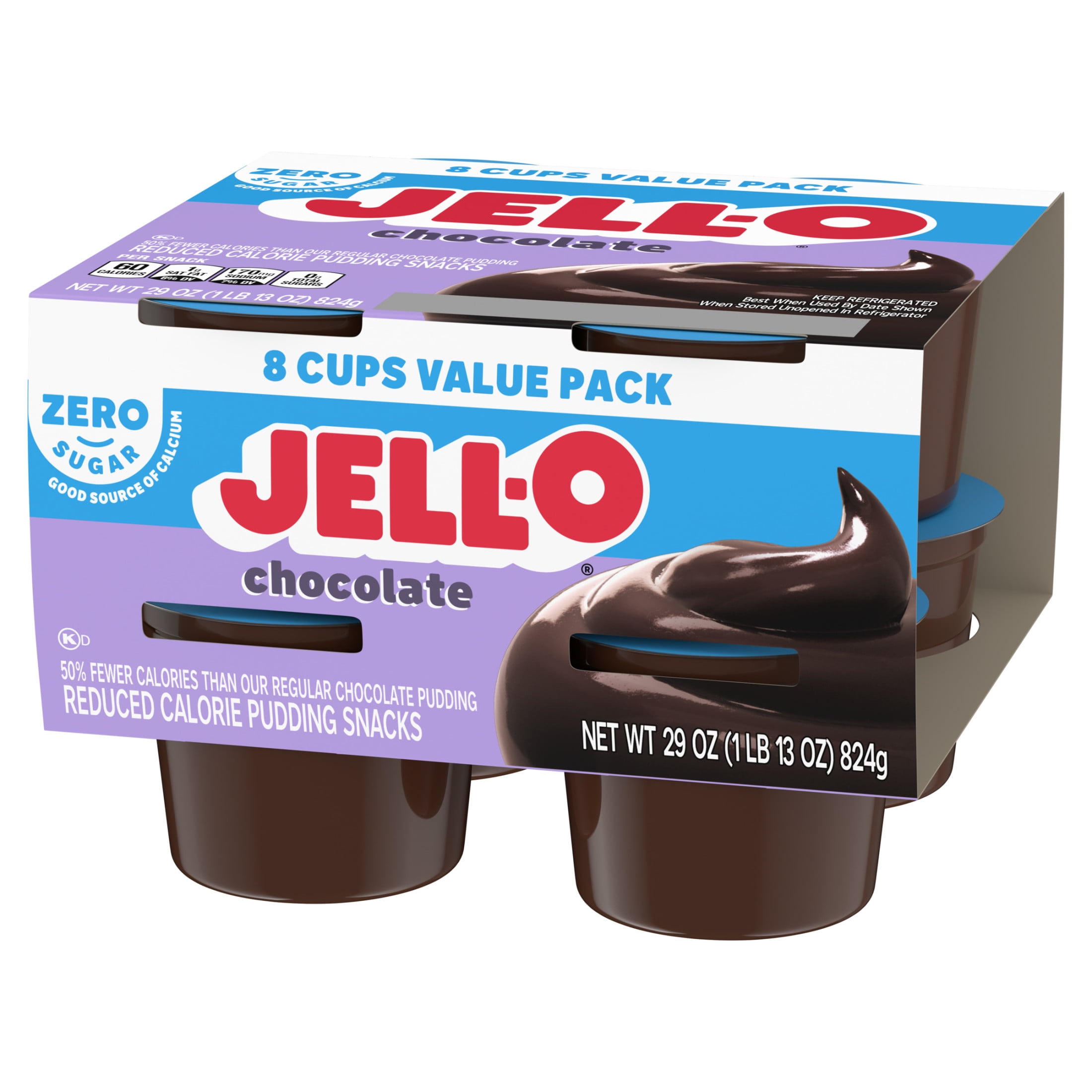 Jell-O Chocolate Sugar Free Pudding Cups Snack Value Pack, 8 Ct Cups