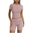 thumbnail image 2 of Htigea Womens Workout Sets Casual Cute Comfy Tracksuit Outfits Summer Short Sleeve Tops 2 Piece Shorts Set Today Sales Pink,XL, 2 of 7