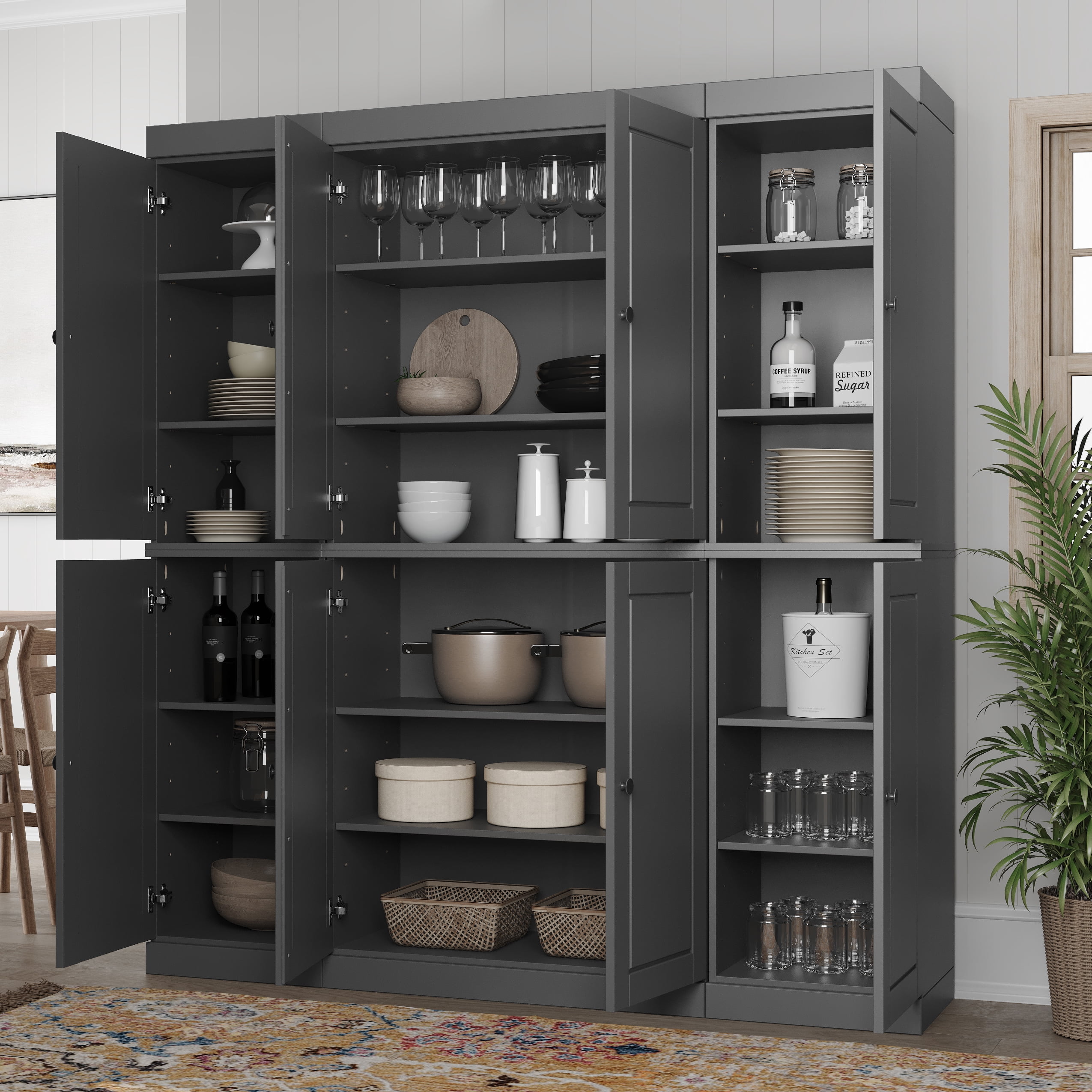100% Solid Wood Kitchen Pantry Storage Cabinet with Solid Doors and Adjustable Shelves, Gray Wooden Modular Tall Cabinets