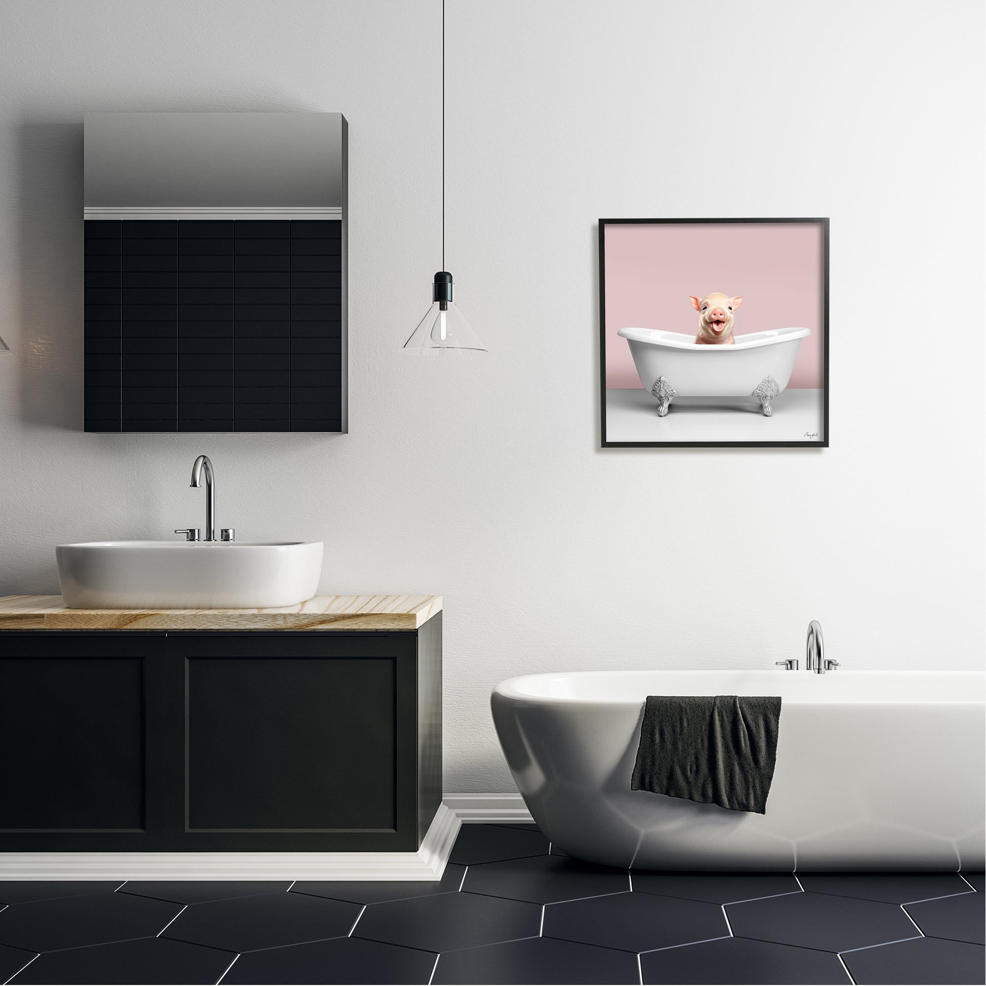 Stupell Industries Pastel Piglet in Bathtub Animals & Insects Painting Black Framed Art Print Wall Art, 24 x 24