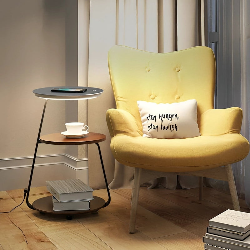 Glownest Bedside Table with LED Light, Wireless Charging, Walnut Wood, Touch Switch, Modern Nightstand for Bedroom
